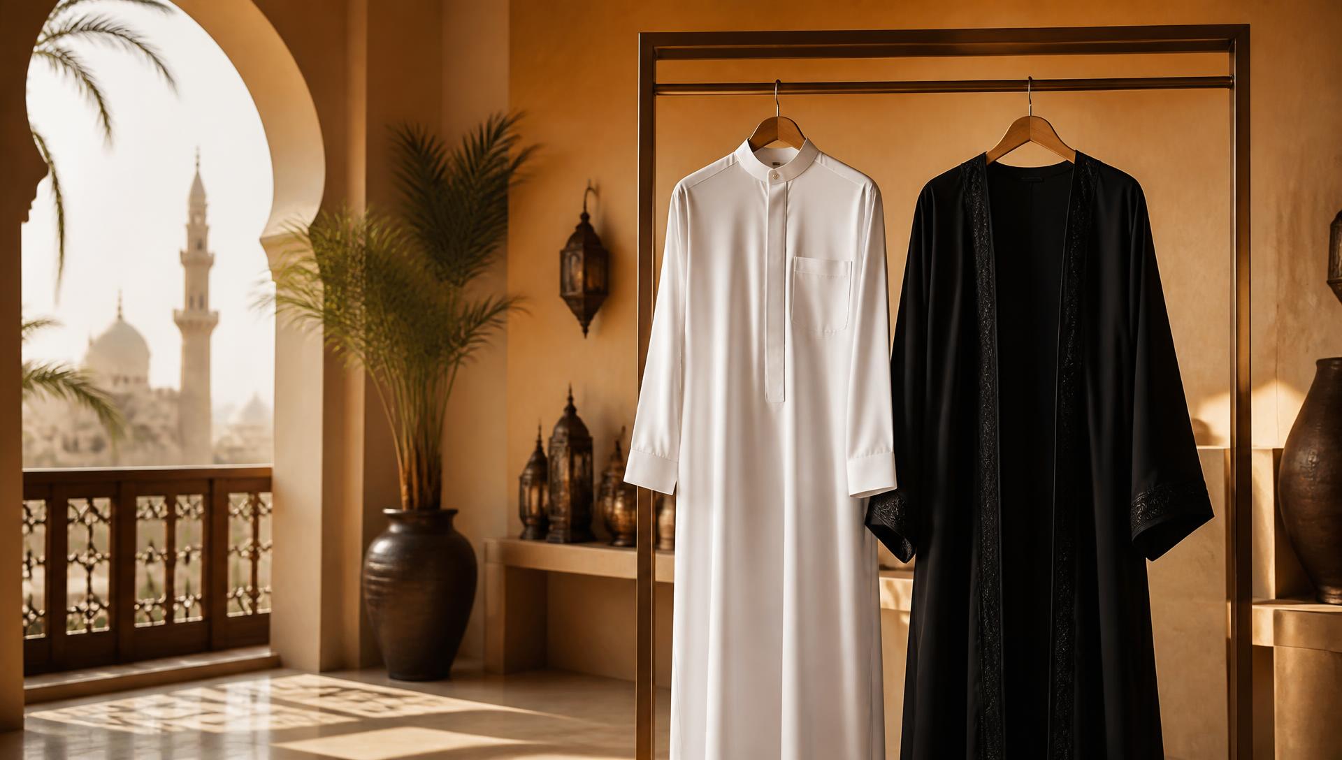 Weiße Thobe und schwarze Abaya in einer sonnendurchfluteten Boutique in Medina